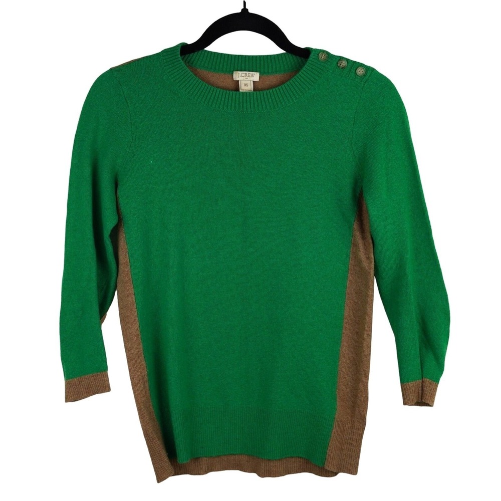 J Crew Colorblock Merino Wool Blend Sweater Womens XS Green Tan Elbow Patch
